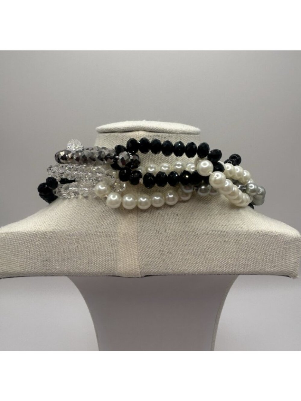 New Statement Necklace Black White Silver Faux Pearl Crystal Beads Chain Link - Picture 7 of 10